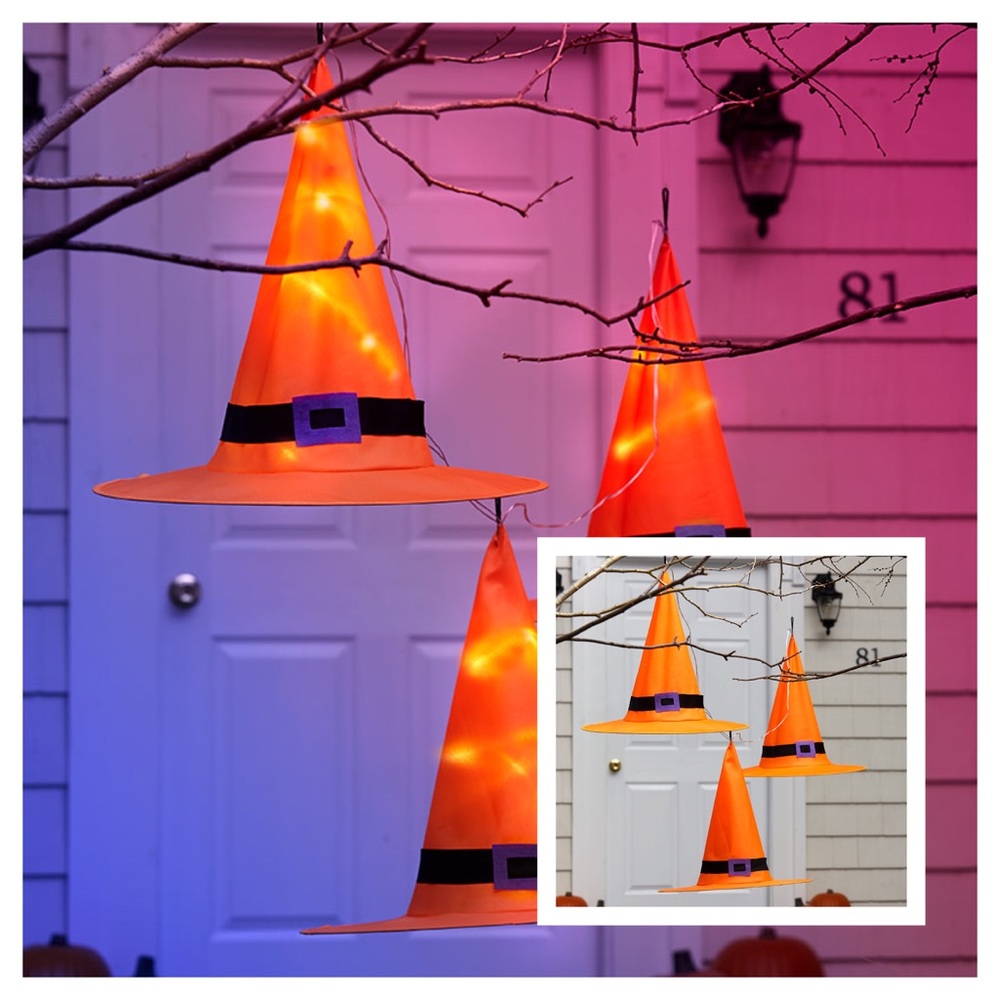 NWT! Set of 3 Orange Lighted Witches Hats